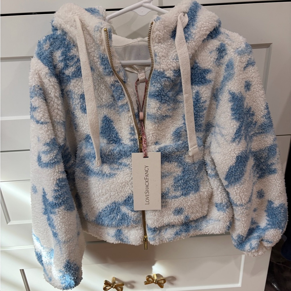 LoveShackFancy Kids Cream & Blue Sherpa Zip Hoodie